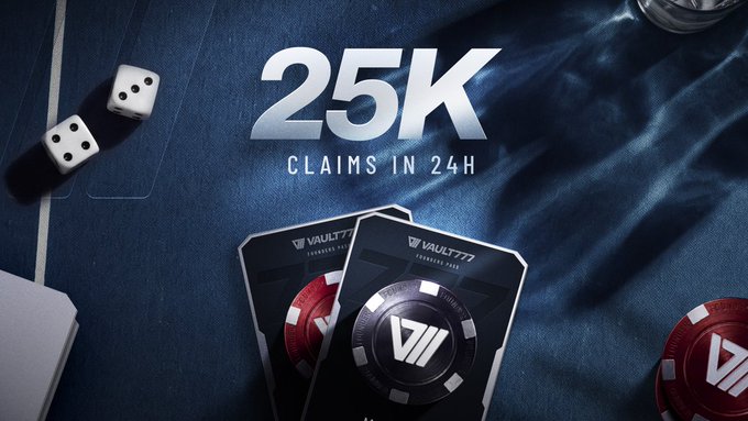 The image shows a promotional graphic with playing cards and poker chips on a blue felt surface, featuring the bold text "25K CLAIMS IN 24H" alongside a "VAULT77" branded card design. This relates to the post by highlighting a significant 24-hour claim milestone, suggesting "Xeet squads" have a timely opportunity to capitalize on the high activity and momentum surrounding the 25K claims achievement.