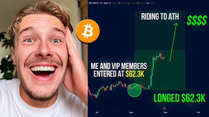 A split image showing a smiling young man on the left and a Bitcoin/crypto trading chart on the right titled "RIDING TO ATH" with text reading "ME AND VIP MEMBERS ENTERED AT $62.3K" and "LONGED $62.3K," suggesting the trader entered a long Bitcoin position at $62,300 and is riding it toward a new all-time high, aligning with the post's theme of not selling the Bitcoin bottom.