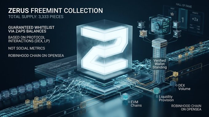 Promotional graphic for the 'ZERUS FREEMINT COLLECTION' advertising 3,333 pieces, guaranteed whitelist via ZAPS balances, and noting it is on Robinhood Chain on OpenSea.