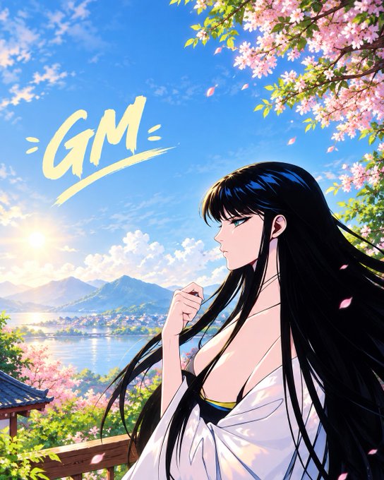 An anime-style illustration of a woman with long black hair gazing at a coastal landscape with cherry blossoms, featuring the text 'GM' stylized on the left.