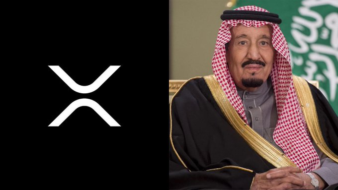 The image shows the XRP logo on the left alongside a portrait of Saudi Arabia's King Salman, whose traditional ghutra and bisht are visible against the green backdrop of the Saudi flag. The caption ties into the post about an "ultra-massive untapped market" by suggesting XRP's potential expansion into Saudi Arabia's financial sector.
