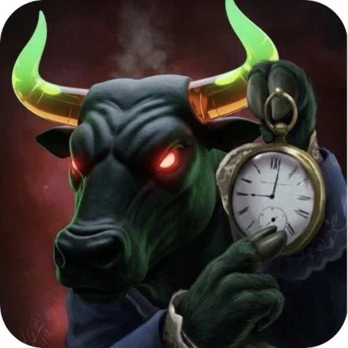 A menacing dark bull or minotaur figure with glowing green horns and red eyes holds up an antique pocket watch, set against a dark, smoky background.