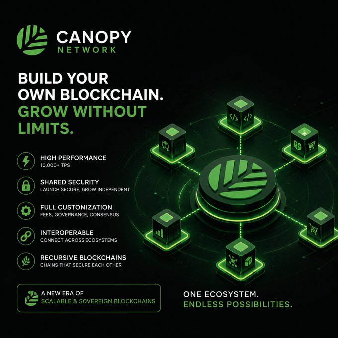 A promotional graphic for Canopy Network reads 'BUILD YOUR OWN BLOCKCHAIN. GROW WITHOUT LIMITS.' with features like 'HIGH PERFORMANCE 10,000+ TPS', 'SHARED SECURITY', and 'FULL CUSTOMIZATION' listed alongside a 3D block visualization.