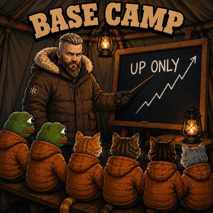 A bearded man in a fur-lined parka points at a chalkboard reading 'UP ONLY' with a rising arrow, teaching two Pepe the Frog characters and four cats all wearing matching orange puffer jackets under a 'BASE CAMP' sign.
