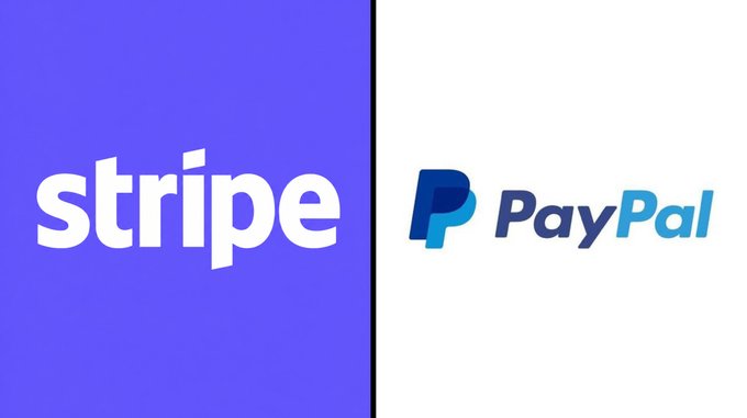The image displays the logos of Stripe and PayPal side by side, with Stripe's white logo on a purple background on the left and PayPal's blue logo on a white background on the right. This visual pairing suggests a comparison or partnership between the two major payment processing platforms, fitting the "Wow!!" reaction likely expressing surprise at their prominence in the fintech industry.