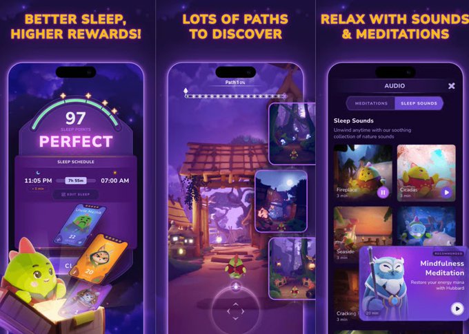 iphone screens display a sleep schedule, relaxation sounds, and meditation app features for three different time zones.