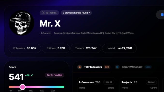 A social media analytics dashboard profile page for 'Mr. X' (@TheMrX) showing 85.83K followers, 5.76K follows, 123.24K tweets, and a score of 541.