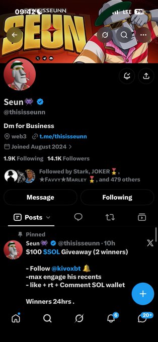 X profile for 'Seun' (@thisisseunn) featuring a Joker-style ape PFP, 14.1K followers, and a pinned $100 $SOL giveaway post.