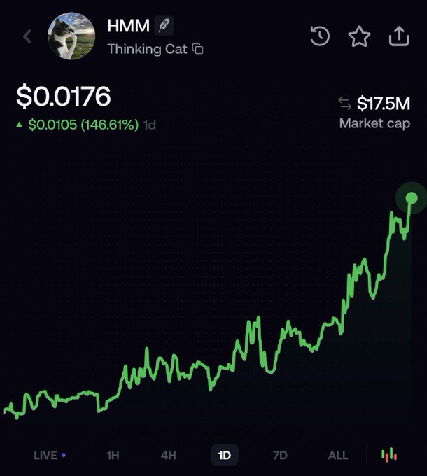 A cryptocurrency tracking app displays the HMM ("Thinking Cat") token trading at $0.0176 with a market cap of $17.5M, showing a 146.61% gain (up $0.0105) over the past day. The accompanying 1D chart visualizes a dramatic upward price trend, illustrating the rapid growth the poster references—from a 250k low to over 10M, with their bullish prediction of continued growth toward $100M.