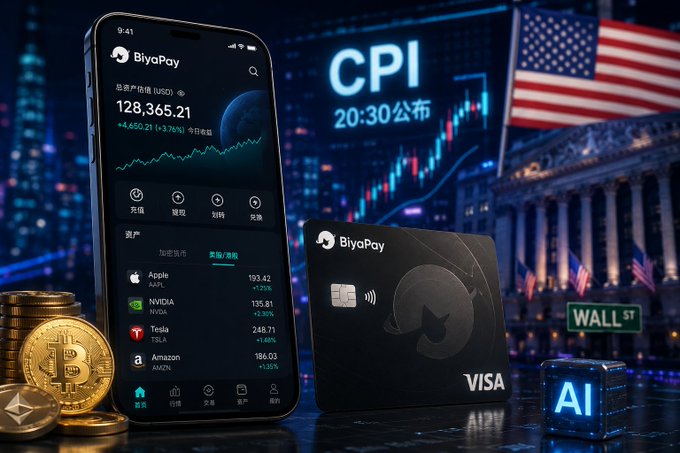 A promotional image for the 'BiyaPay' app showing a smartphone with a USD balance of '128,365.21' and stock holdings (Apple, NVIDIA, Tesla, Amazon), accompanied by a Visa card, cryptocurrency coins, and a 'CPI 20:30' announcement against a Wall Street background.