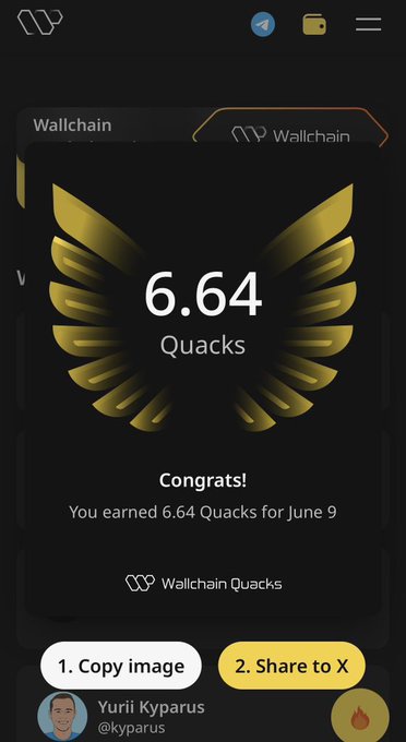 The image shows a phone screen with a gold-colored trophy displayed, which has the number "6.64 Quacks" written on it. The trophy also features an image of a bird's wing design. The text on the screen reads "Congratulations! You earned 6.64 Quacks for June 9". This indicates that the user has achieved a high score or milestone in Quacking.