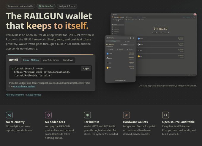 A website screenshot for RAILGUN privacy wallet, showing installation instructions, wallet interface previews, and features including 'No telemetry,' 'No added fees,' 'Tor built in,' and 'Hardware wallets.'