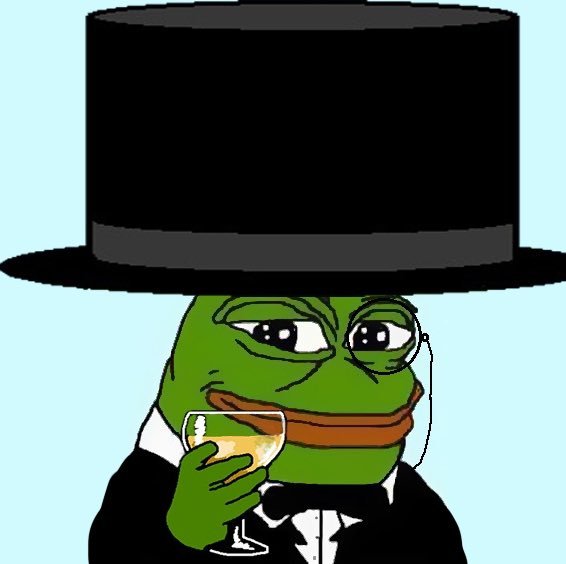 Meme image of a green Pepe the Frog wearing a black top hat and tuxedo, holding a glass of wine and wearing a monocle.