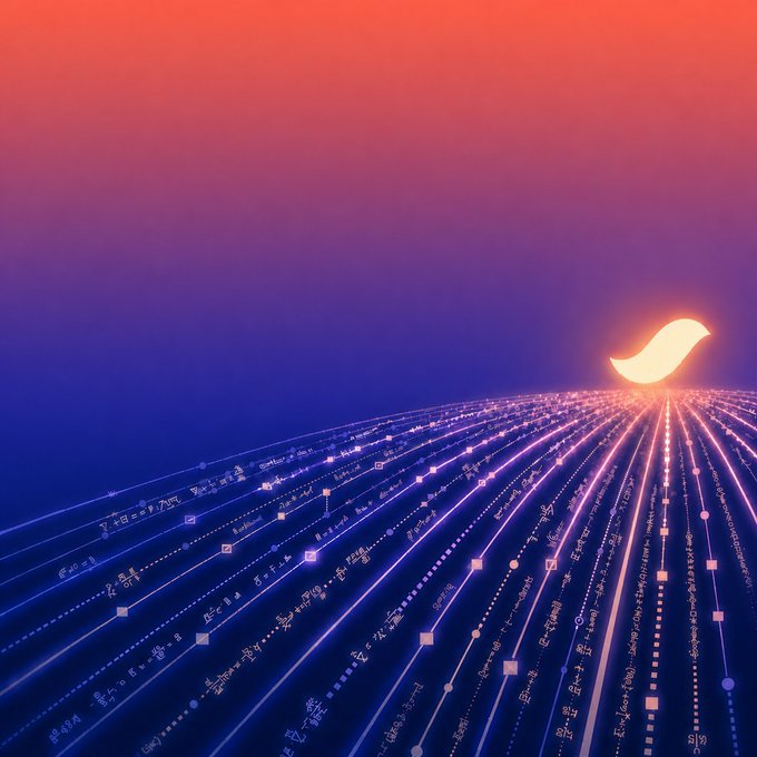 A vibrant digital artwork featuring a glowing yellow crescent shape above radiating streams of mathematical formulas, data points, and glowing lines against a gradient sky of orange, pink, and deep blue.