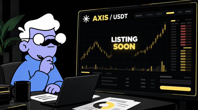 An illustrated character at a computer looking at a trading screen showing a candlestick chart and the text 'AXIS / USDT' with 'LISTING SOON' displayed.