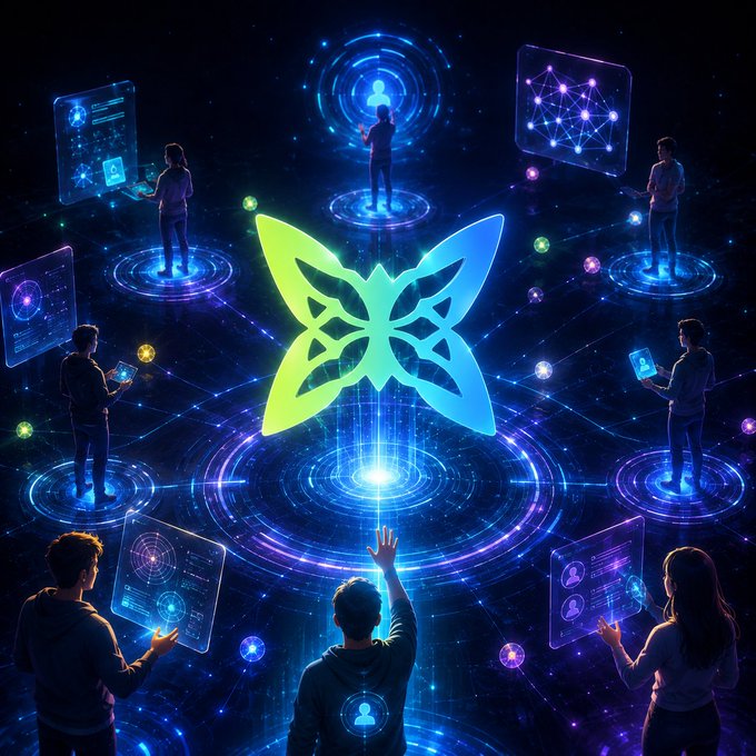 The image shows a group of people wearing black jackets gathered around a large blue butterfly logo on a glowing purple and pink surface. Each person is holding up a device that could be phones, tablets or laptops as they interact with the butterfly design. The devices are spread out in front of them, indicating their engagement with the visual display.

In addition to these individuals, there is also another person standing off to the side who might be watching the scene unfold. The people and objects seem to revolve around this central theme, creating a sense of curiosity or wonder about what's happening in the image.