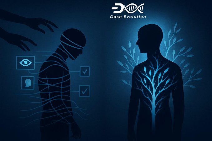 A graphic illustration with the logo 'D Dash Evolution' showing a blindfolded, bound figure on the left and a figure with a glowing tree inside on the right.