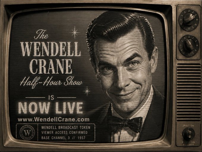 A vintage television displays a black-and-white broadcast advertisement for 'The Wendell Crane Half-Hour Show,' noting it is 'NOW LIVE' at www.WendellCrane.com on channel 3, 1957.