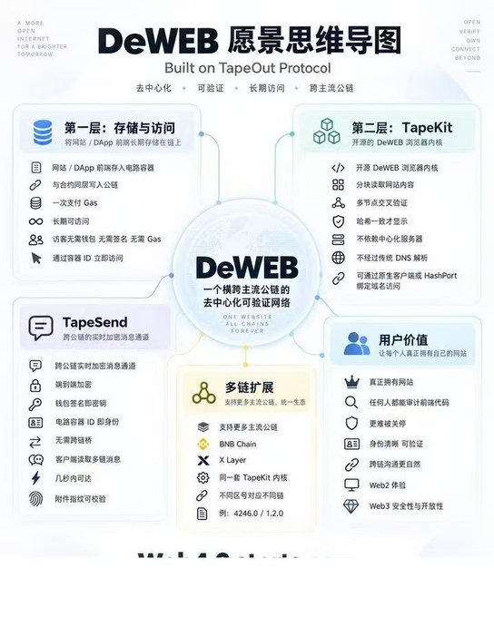 A Chinese-language infographic titled 'DeWEB 愿景思维导图' (DeWEB Vision Mind Map) built on the TapeOut Protocol, detailing layers including storage/access (Layer 1), TapeKit (Layer 2), TapeSend, multi-chain expansion supporting BNB Chain and X Layer, and user value features for decentralized websites.