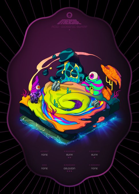 A digital collectible art piece titled "ABYSSAL" featuring a surreal, colorful diorama with text showing stats like "ABSTRACT: none", "W. RESOURCE: RUNE", "D. RESOURCE: none", and "R. RESOURCE: none".