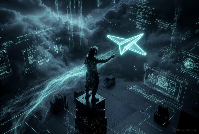 A hooded figure stands atop a digital pillar surrounded by holographic interfaces and a glowing paper airplane—Telegram's iconic symbol—reaching out toward it as ethereal streams of data flow through a cyberpunk cloudscape, with "Raven Network" visible in the corner. The image visually reinforces the post's message by depicting TON/Telegram's paper airplane logo as a powerful, almost divine force being reached for by a builder, symbolizing the "distribution revolution" of building on a platform with Telegram's massive existing user base.