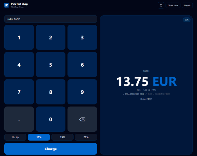 A Point of Sale (POS) checkout interface on a dark blue screen showing a numeric keypad, a 10% tip selected, and a total of '13.75 EUR' for 'Order #4201'.