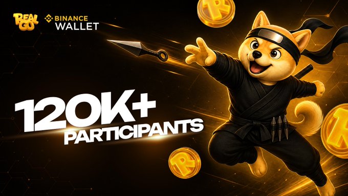 A dynamic promotional graphic featuring an animated ninja Shiba Inu dog wielding a kunai alongside floating Binance coins, with "REAL GO" and "BINANCE WALLET" logos and bold text announcing "120K+ PARTICIPANTS" to celebrate the milestone achieved in the ongoing Binance Wallet event.
