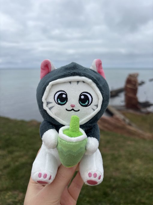 A hand holds up a cute plush kitten in a gray shark hoodie sipping a green drink (possibly matcha), set against a coastal backdrop of ocean and driftwood, whimsically tying the "Hyperliquid" theme to a refreshing, playful seaside vibe.