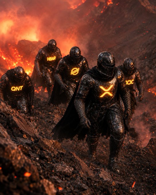 Knights in scorched armor emerge from a fiery, volcanic landscape, their chests bearing the glowing symbols of XRP, XLM, HBAR, QNT, and XDC—evoking the digital assets referenced in the post as emerging from the "test" of the market toward a shared future.