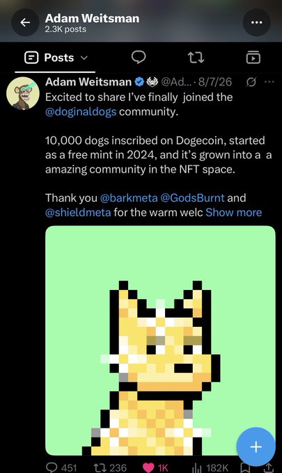 A tweet from Adam Weitsman (@Ad...) dated 8/7/26 announcing his participation in the @doginaldogs community, featuring a pixelated yellow dog illustration on a green background.