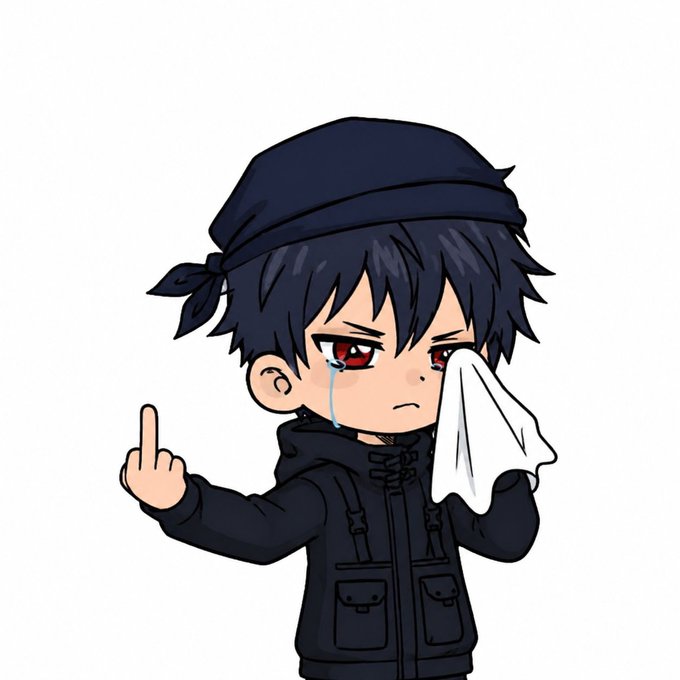 A chibi-style anime boy with dark hair, a black bandana, and a black jacket cries while holding a tissue to his face and raising his middle finger.