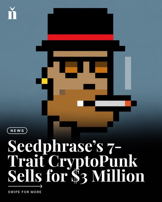 A news article graphic featuring a CryptoPunk pixel character with a cigar, with the headline 'Seedphrase's 7-Trait CryptoPunk Sells for $3 Million' under a 'NEWS' label.
