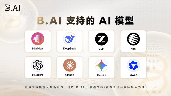A B.AI graphic displaying supported AI models including MiniMax, DeepSeek, GLM, Kimi, ChatGPT, Claude, Gemini, and Qwen with Chinese text.