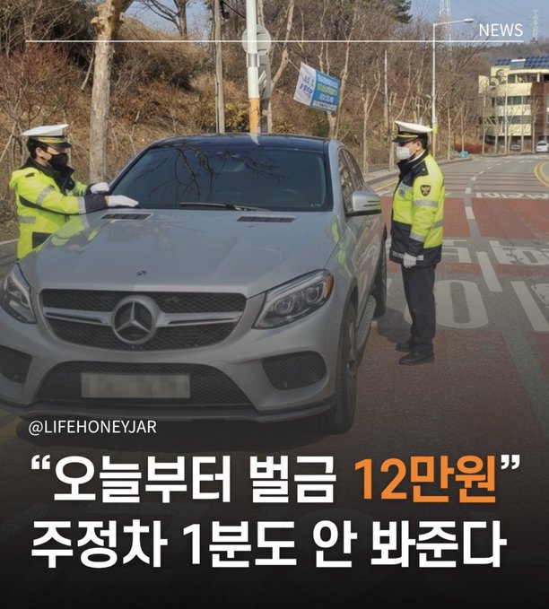 Two police officers are shown ticketing a Mercedes-Benz, with Korean text superimposed that reads "Starting today, the fine is 120,000 won; we won't wait even 1 minute for parking." This visual, depicting strict enforcement, supports the post's concern about surveillance and increased fines.