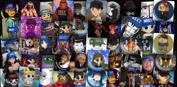 The image features a collage of various cartoon characters, including a man with a hat and a woman wearing sunglasses. The collage includes different types of people such as cartoonists, cartoon characters, and other cartoon-related elements like logos or icons related to the "neet" subculture. The post is titled "The kingmaker trade is brewing neet.me/neetwall $neet". This suggests that there might be a connection between the collage and an online platform or service related to the "neet" subculture, possibly offering cartoon-related merchandise or content.