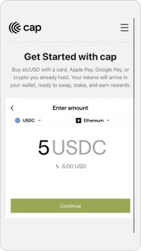 A screenshot of a mobile app interface called 'cap' for buying USDC, showing a 'Get Started' page with options to purchase using a card, Apple Pay, Google Pay, or crypto, currently displaying an 'Enter amount' screen for converting 5 USDC.