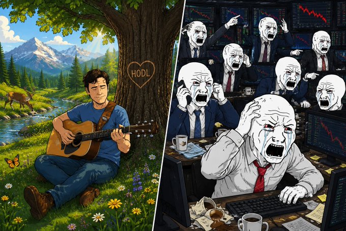 A split illustration: on the left, a peaceful man plays guitar under a tree carved 'HODL' in a scenic meadow, while on the right, panicked traders in suits scream at crashing red stock charts.