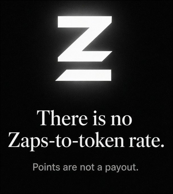 Minimalist graphic with a stylized white 'Z' logo on a black background, stating 'There is no Zaps-to-token rate. Points are not a payout.'