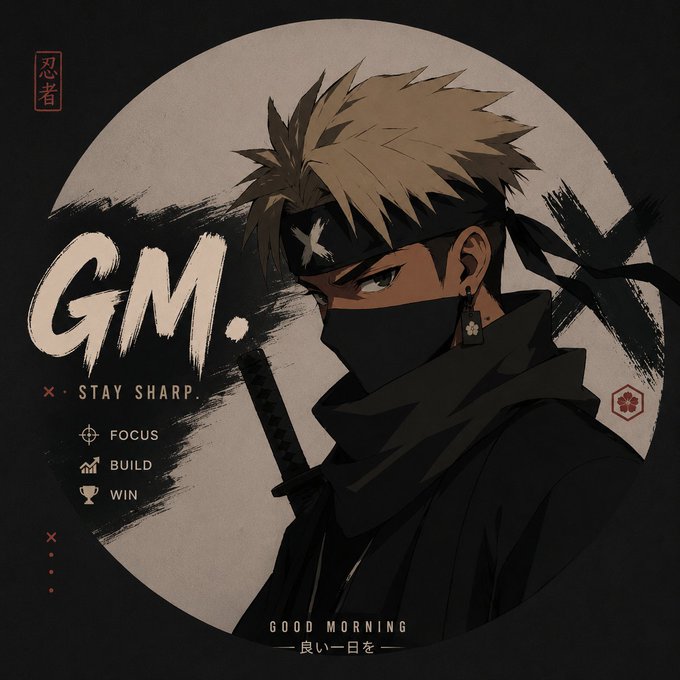 An anime-style illustration of a blonde ninja character with the text 'GM', 'STAY SHARP', 'FOCUS BUILD WIN', and 'GOOD MORNING' alongside Japanese text.