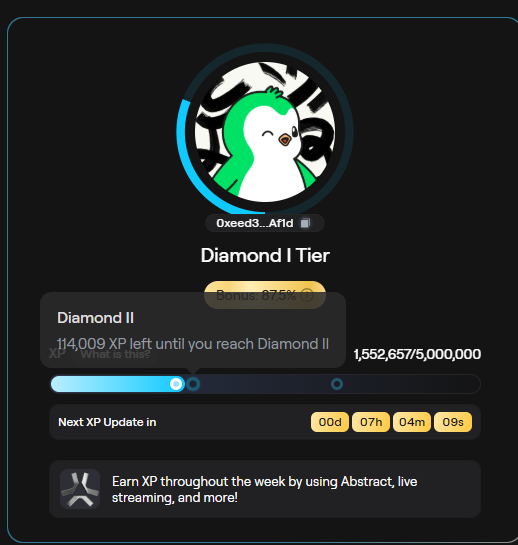 The image shows a screenshot of an online game's user interface, possibly a game related to diamonds or XP. In the top right corner, there are details about the game, including the title "Diamond II" and the XP required to reach the next level, which is 112,959,500 XP in this case. The lower part of the image displays an XP Upgrade button for a diamond character named Diamond I.