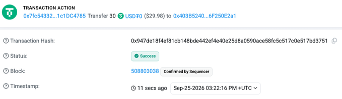 A Tether transaction screenshot showing a transfer of 30 USDT ($29.98) that was successful, dated Sep-25-2026.