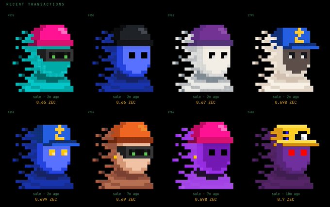 A pixel art display titled 'RECENT TRANSACTIONS' showing eight CryptoPunk-style characters in various colors and accessories (hats, visors), each listed with a sale price ranging from 0.65 ZEC to 0.7 ZEC.