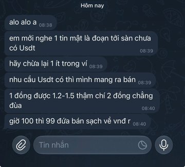 A screenshot of a Vietnamese chat conversation on a dark background, showing messages between users discussing buying and selling cryptocurrency (Usdt).