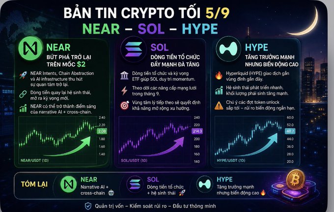A Vietnamese crypto newsletter graphic titled 'BẢN TIN CRYPTO TỐI 5/9' covers NEAR, SOL, and HYPE, with chart arrows pointing upward and summary points listed at the bottom.