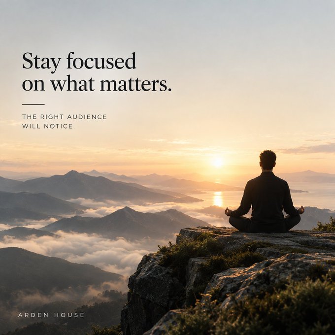 A motivational image showing a man meditating on a cliff at sunrise with the text 'Stay focused on what matters. THE RIGHT AUDIENCE WILL NOTICE.' credited to Arden House.