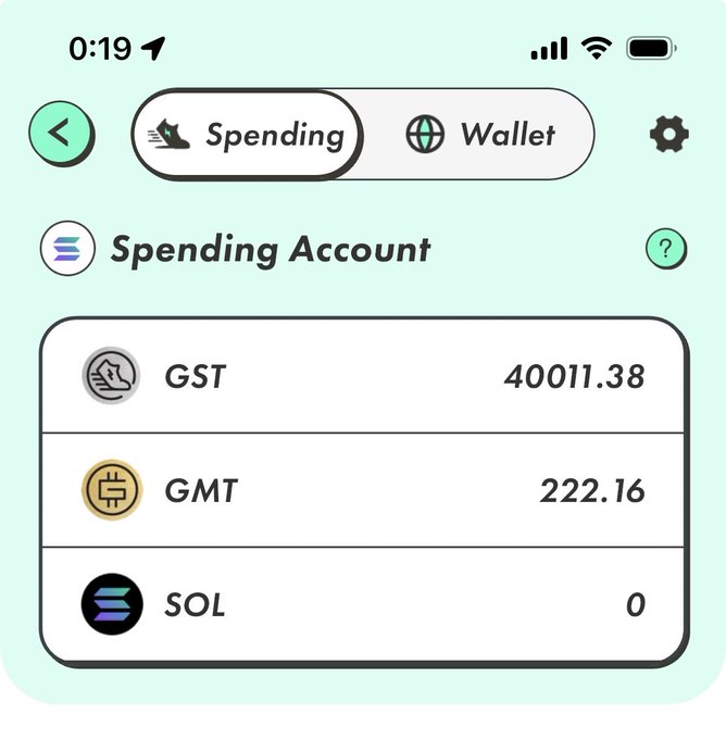 A mobile app screenshot showing a 'Spending Account' with balances of GST 40011.38, GMT 222.16, and SOL 0.