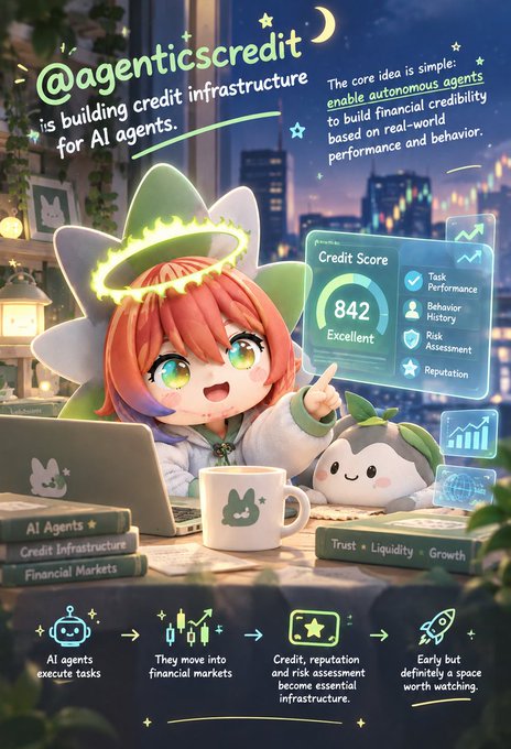 An anime-style promotional graphic for '@agenticscredit' explains building credit infrastructure for AI agents, featuring a chibi character with a halo, a credit score of '842 Excellent', and a process flow diagram.