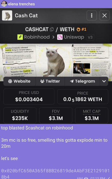 The image shows a Telegram message displaying cryptocurrency details for "Cash Cat" (CASHCAT/WETH) on Robinhood/Uniswap V3, featuring a white cat image and key stats: price of $0.003404 USD (0.00001862 WETH), liquidity of $235K, FDV of $3.1M, and market cap of $3.1M. The accompanying post promotes CashCat as an early call at $3M market cap, implying potential for significant growth similar to other tokens the author previously highlighted (ANSEM, TripleT, hoodrat) that saw massive price increases, with the contract address shown being 0x026bfc650A365f8BB26819deAAbF3E21291018b4.