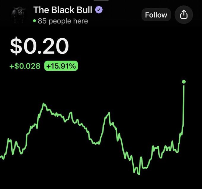 A Robinhood-style stock chart for 'The Black Bull' showing a price of $0.20, up 15.91% (+$0.028), with 85 people currently viewing.