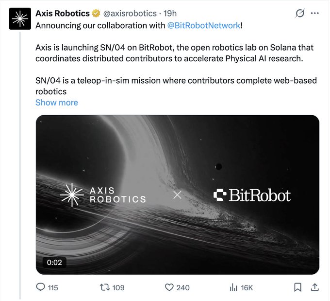 The image features a black and white photo of a planet with rings, which appears to be a part of a larger space theme. The caption below the photo reads "THÊM MỘT LÍ DO TẠI SAO NÊN CÀY AXIS ROBOTICS Nếu đã có Role X Axis thêm con hàng Bitrobot luôn nhé Hiểu được x2 reward cả axis và Bitrobot axis hiện tại có". The image is related to the post because it features a planet with rings, which is part of the discussion about the collaboration between Bitrobot and Axis Robotics.